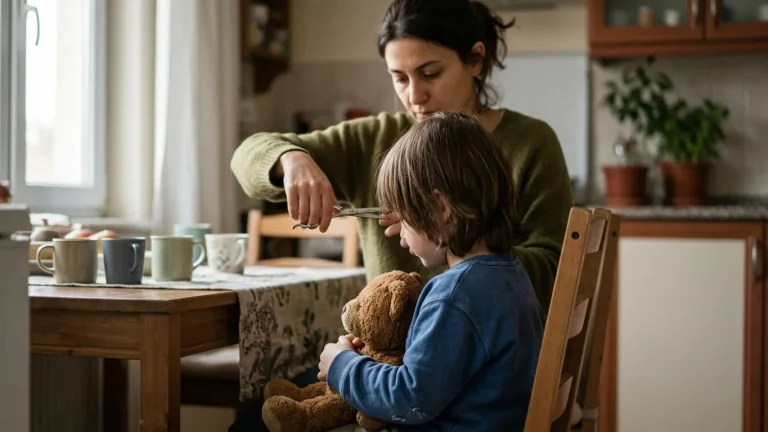 Evde annesi saçını keserken peluş oyuncağına sarılan sakin çocuk
