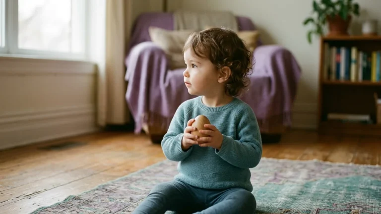 Kucuk bir muzik aletini dinleyen ve sese donen cocuk