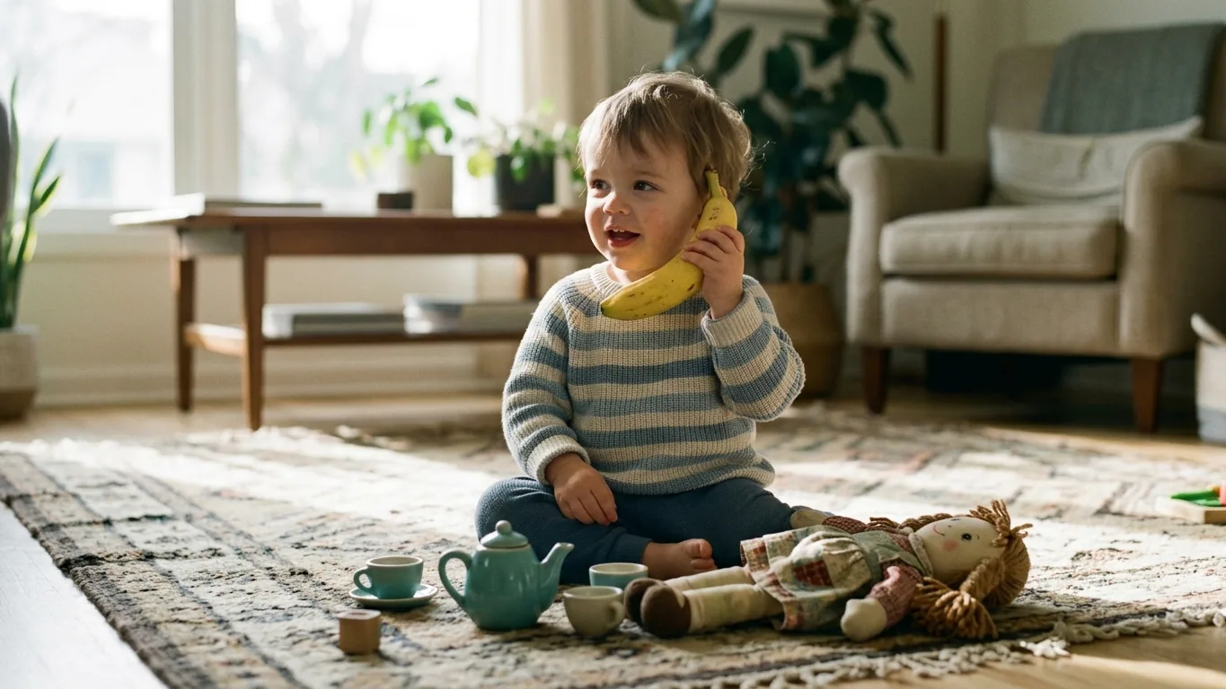 Muzu telefon gibi kulağına tutarak hayali oyun oynayan çocuk